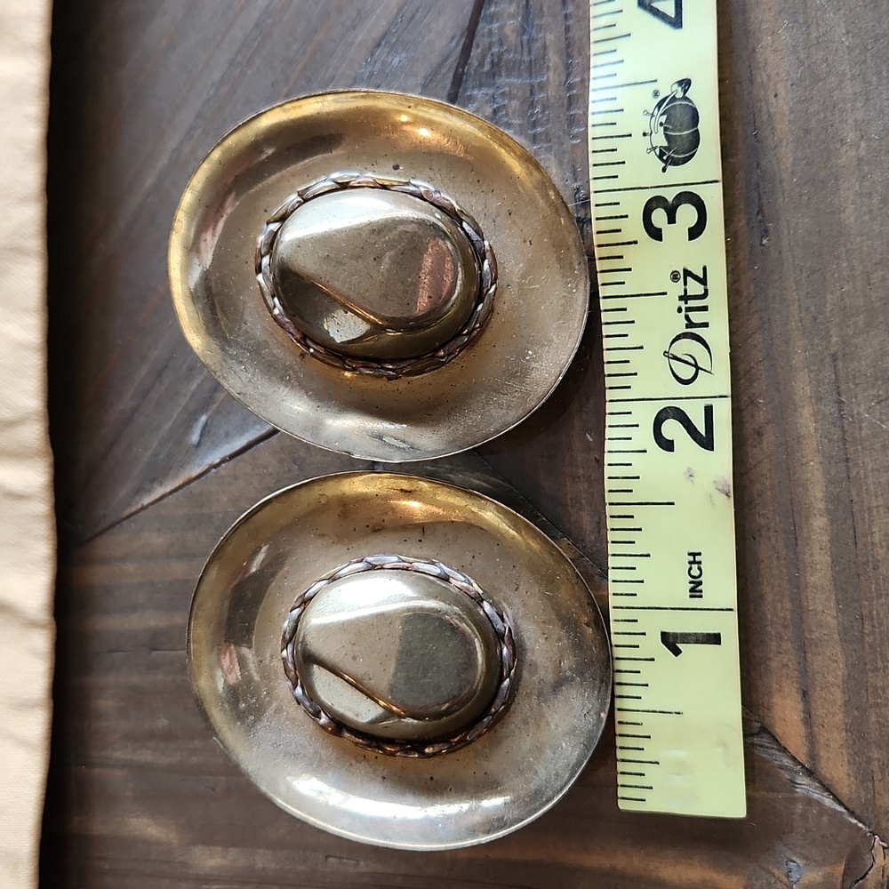 Vintage Brass Cowboy Cowgirl  Hat Earrings Western Collectible